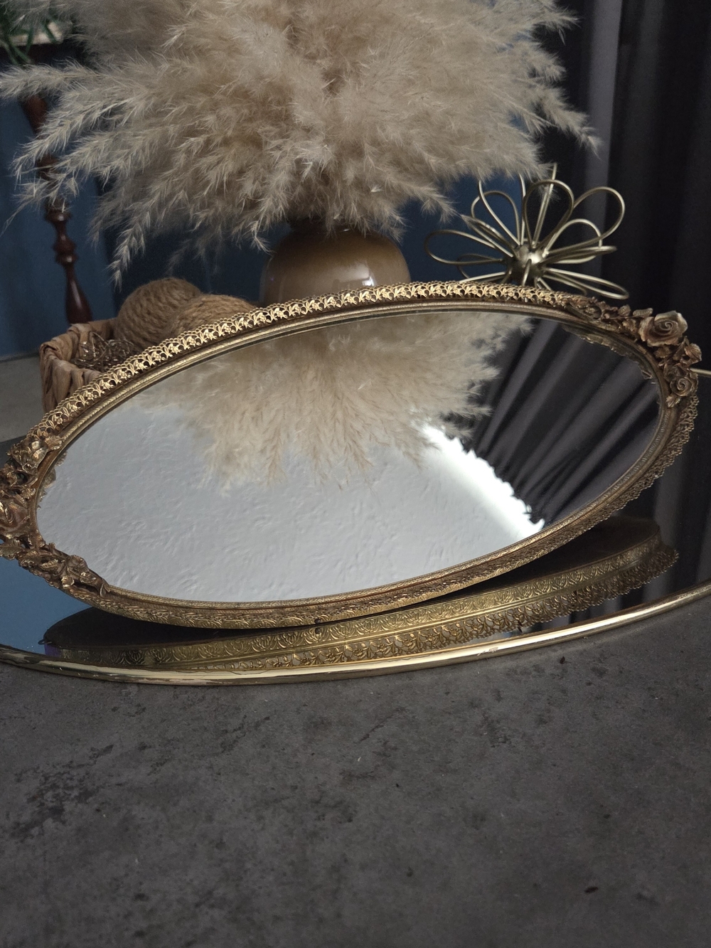 1960s 24 Karat Gold Plated Matson Golden Rose Ormolu Vintage Vanity Mirror Tray